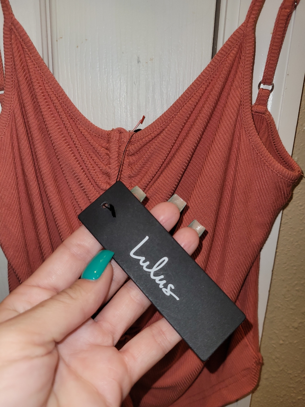 Lulu's Rusty Coral Ruched Tie-Front Ribbed Cami - Picture 2 of 4